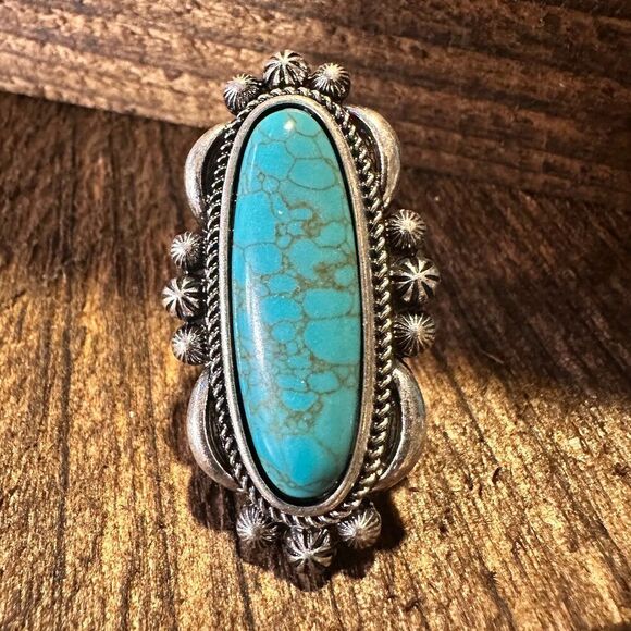 Western Boho Hippie Turquoise Silver Slim Oval Cuff Statement Ring, Gift Box - Picture 1 of 5